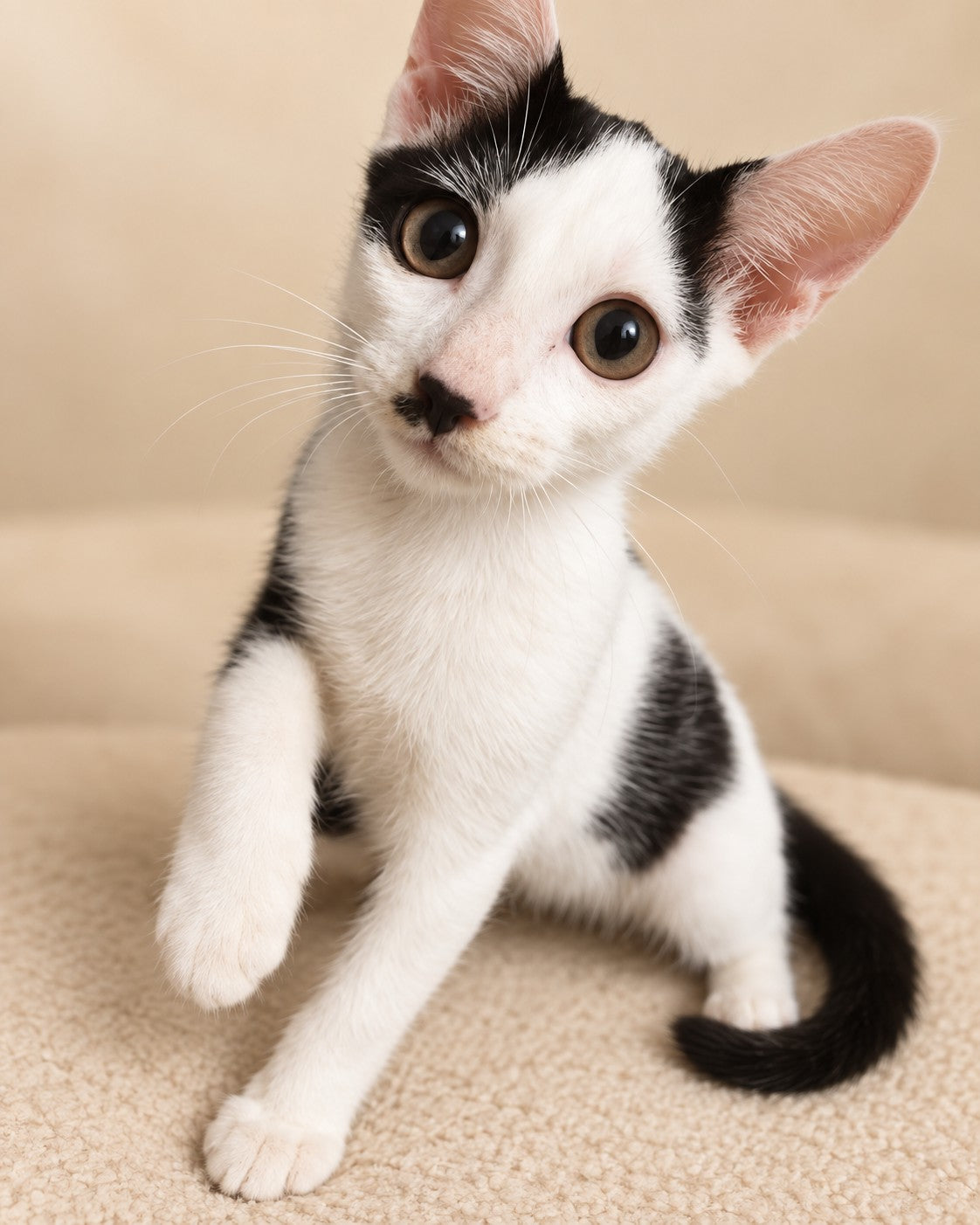 A black and white kitten sitting on a soft beige blanket