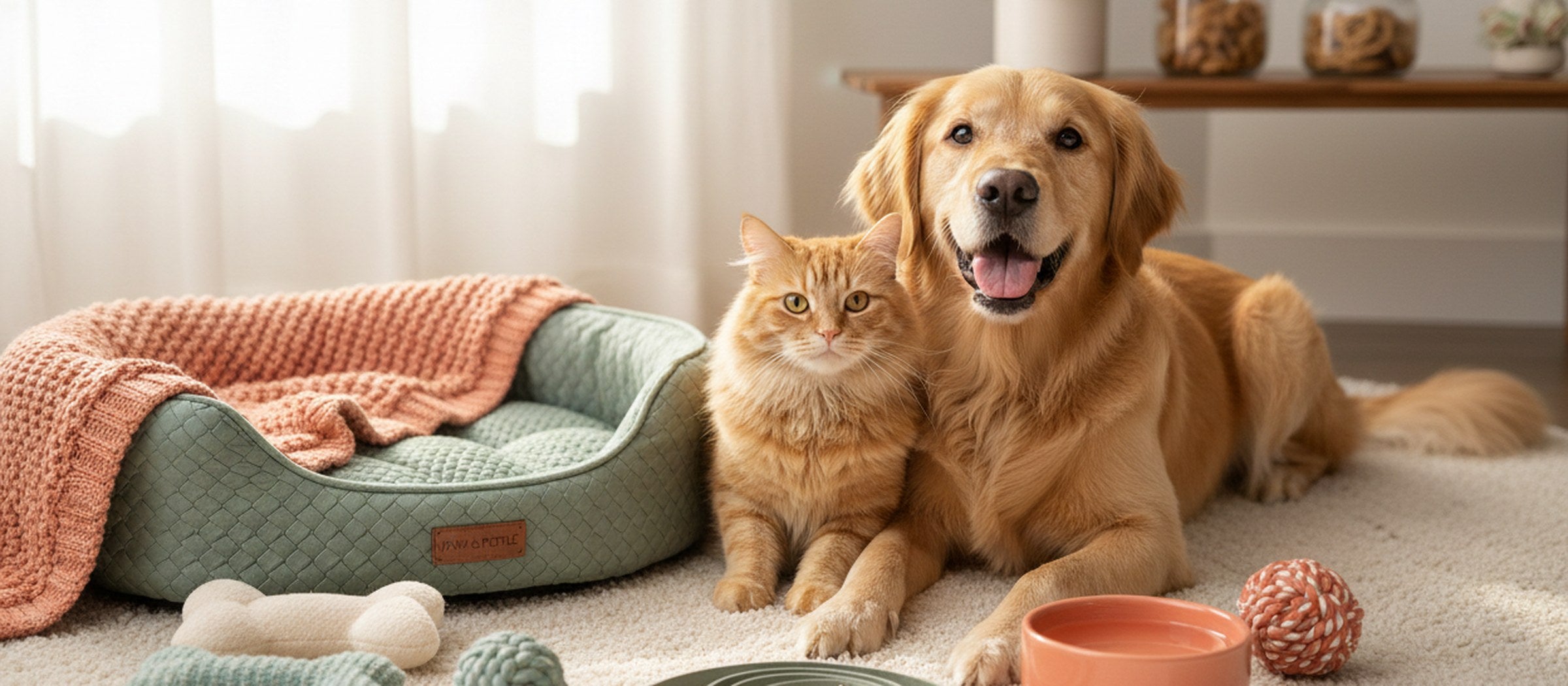 A dog and a cat resting together beside a pet bed and toys