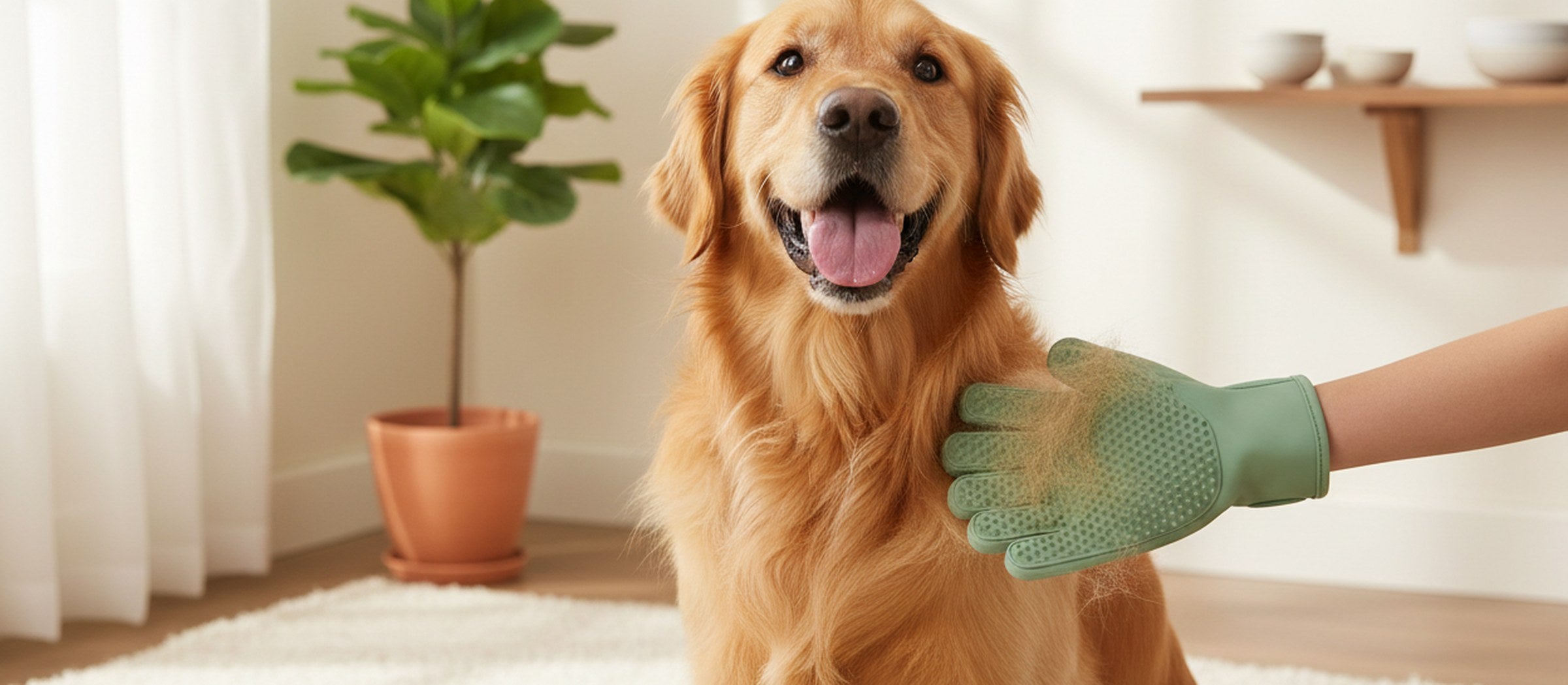 A golden retriever being brushed at home
